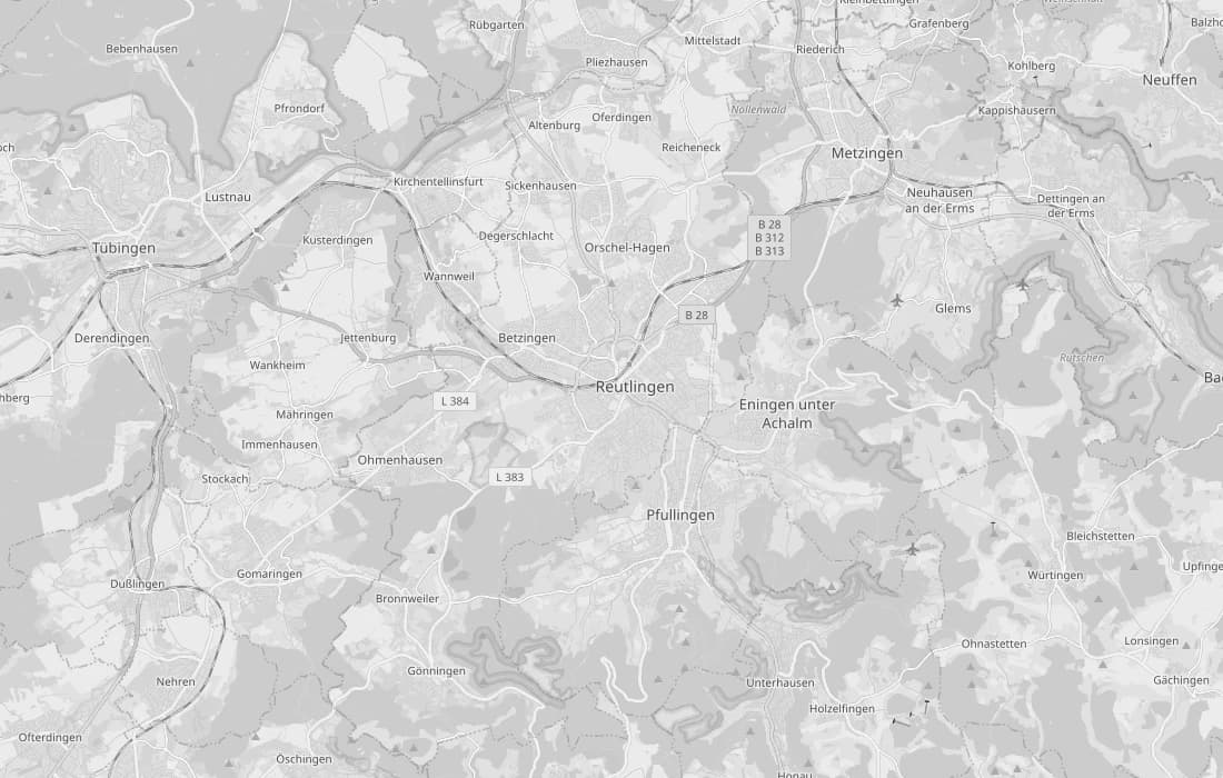 Statische Übersichtskarte von Reutlingen und seiner geografischen Umgebung. Weitere Einsatzorte werden individuell abgestimmt.